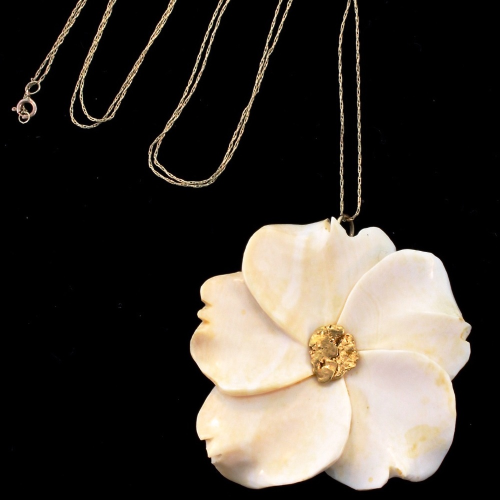 VTG CARVED 24K FLOWER PENDANT/PIN+10K CHAIN